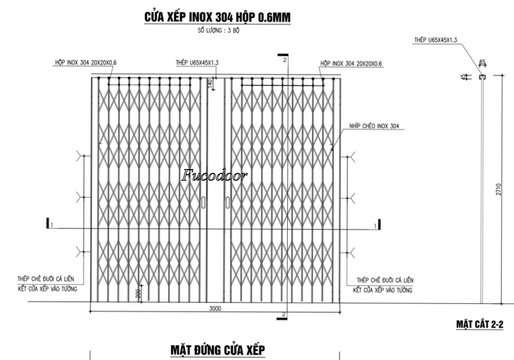 Cửa xếp INOX hộp 20x20 INOX 304 không lá