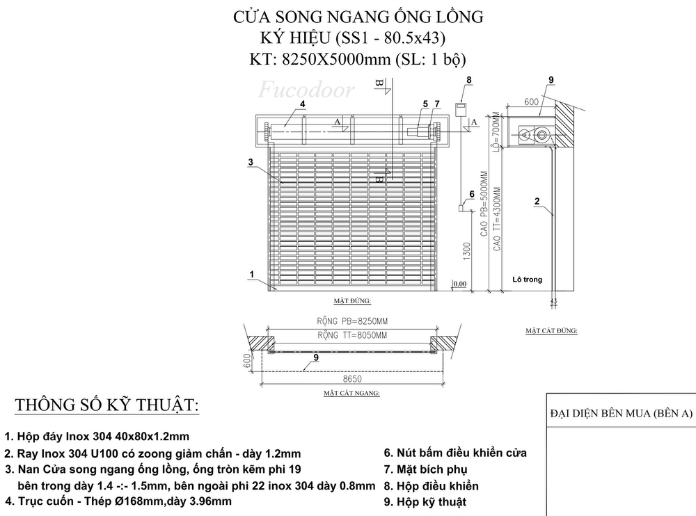 cửa cuốn song ngang Ống Lồng INOX Xếp Thẳng