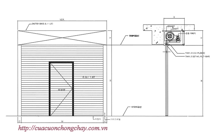 Fire shutter door korea , cửa cuốn ngắn cháy khẩn cấp. Cửa cuốn chống cháy 1 lớp Thép: